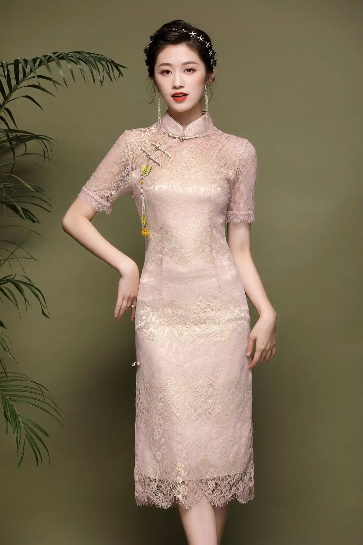 Pink Lace Cheongsam Qipao Dress| Rose Gold