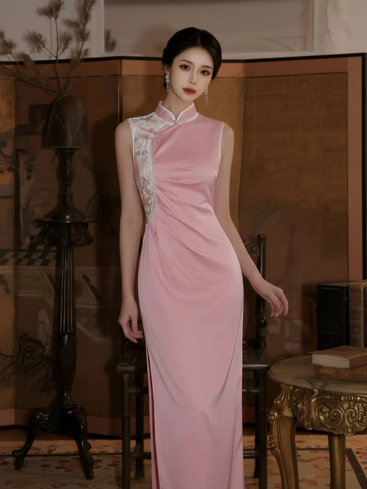 Pink Sleeveless Chinese Qipao With Draped Side Design