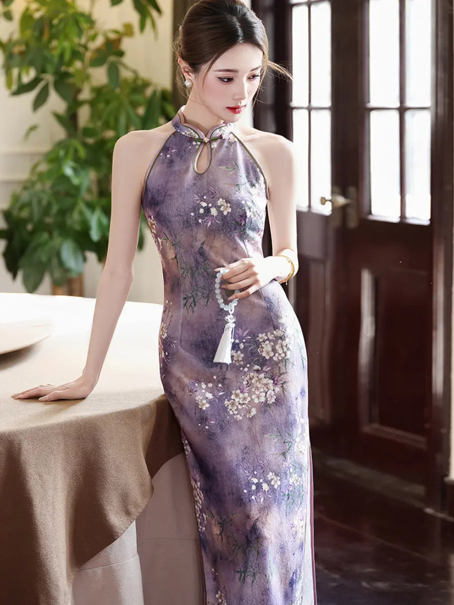 Purple Halter Neck Floral Midi Cheongsam Qipao Dress