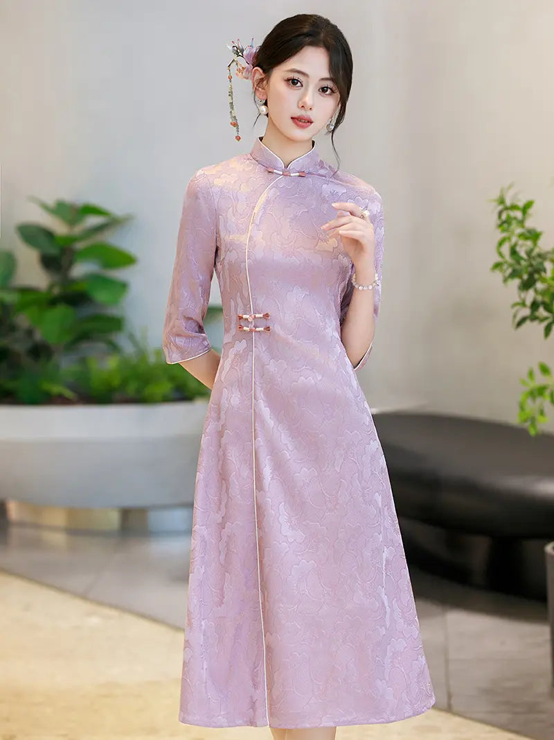 Vintage Acetate Floral Jacquard 3/4 Sleeve A Line Qipao