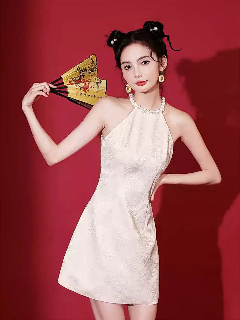 Stunning Qipao Dress Modern |White Halter Mini Chinese Dress – Aslin Hanfu
