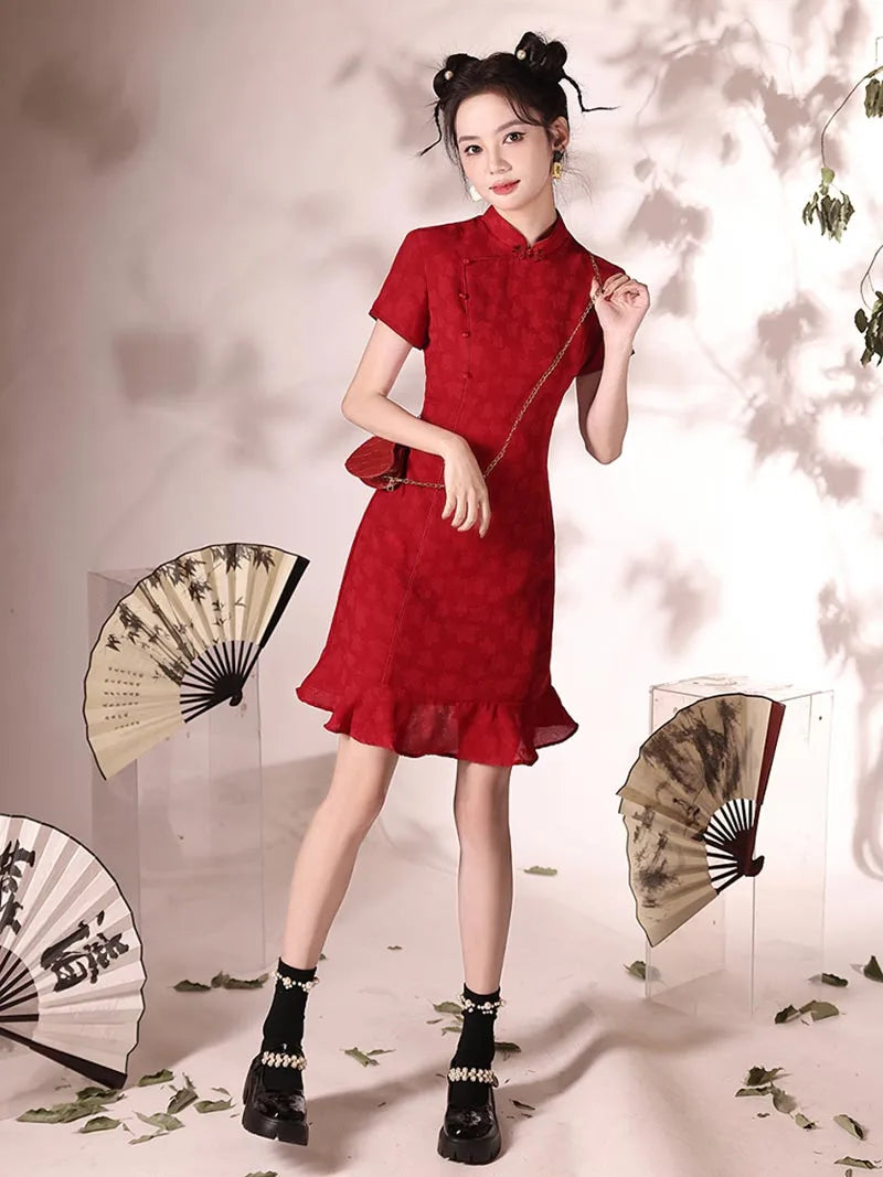 2025 red qipao dress short mermaid style for weddings and engagements
