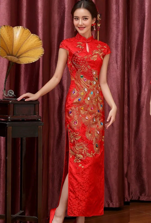 Red Chinese Qipao Cheongsam Dress| Peacock