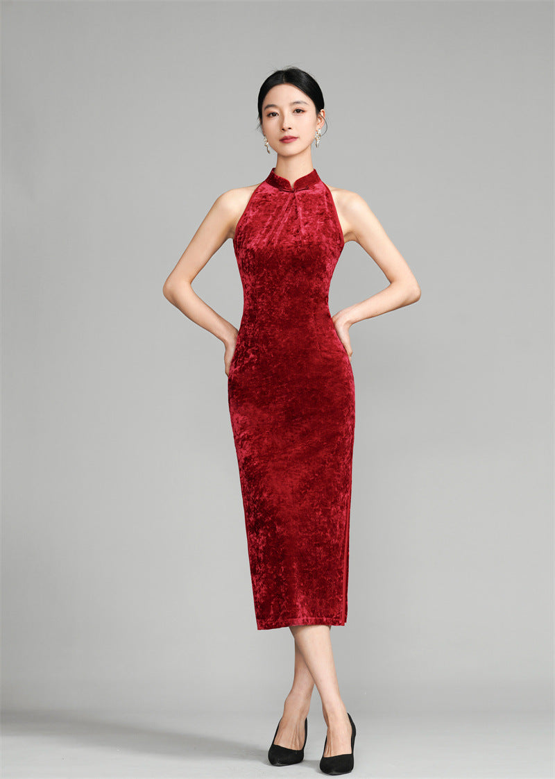 Red Modern Halter Neck Velvet Qipao