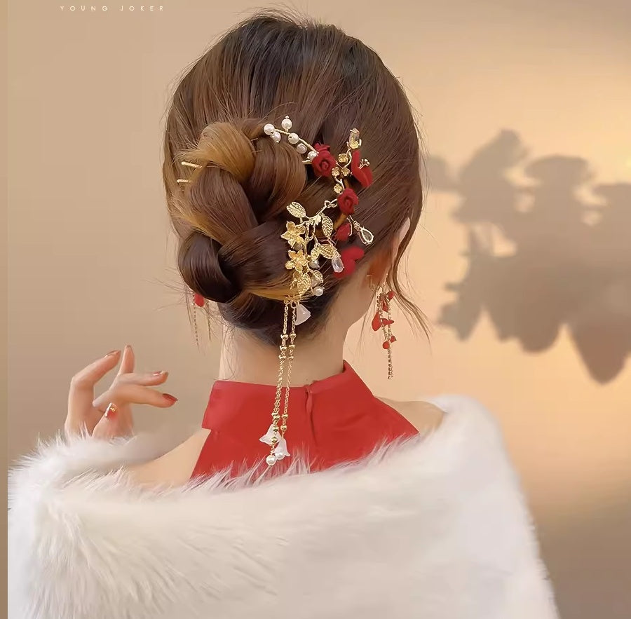 Red and Golden Floral Roses Pearl Hair Pin
