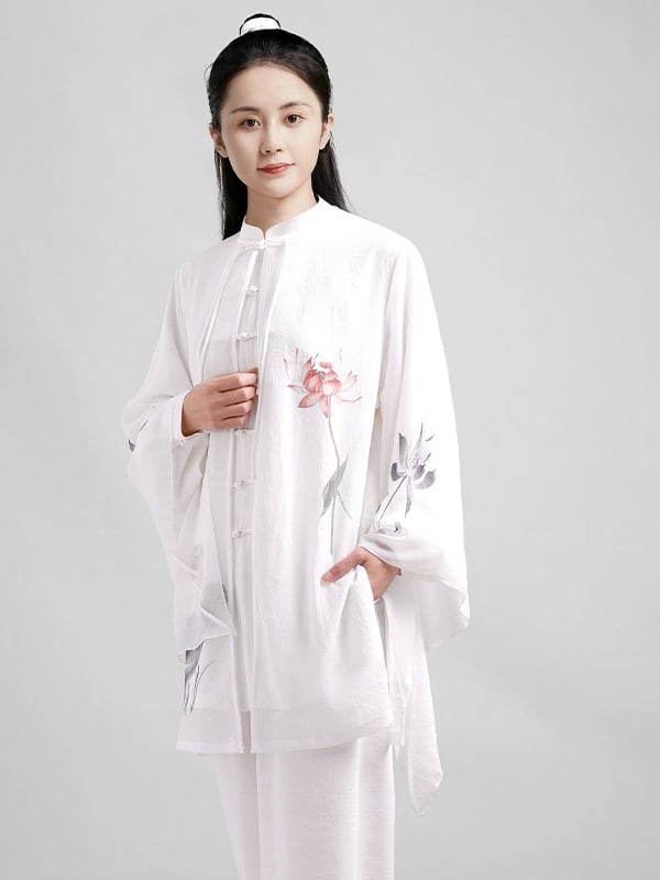 Hand-Painted Lotus Tai Chi Suit for Women – White Set