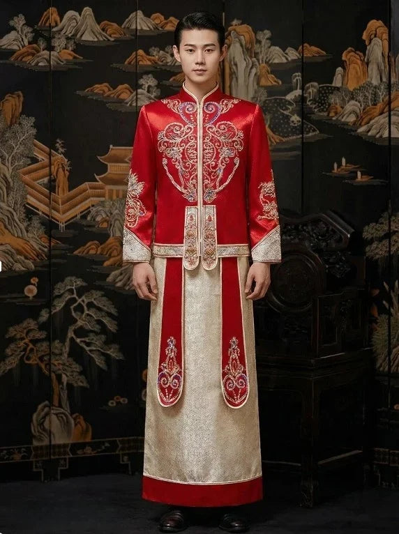 Traditional Chinese Imperial Red & Gold Groom’s Two-Piece Wedding Set