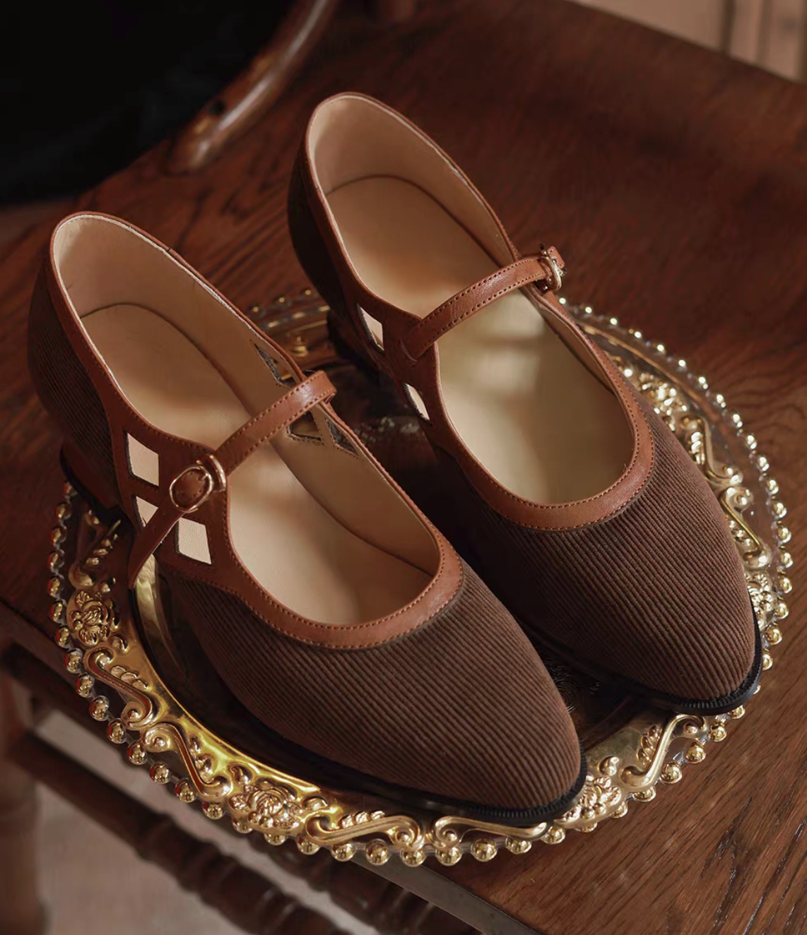 Mocha Vintage Qipao Mary Jane Heels