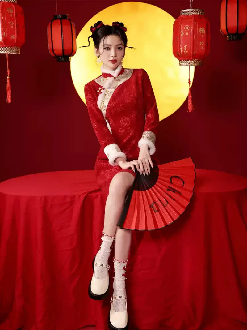 Short Qipao Dress in vibrant red with subtle jacquard texture and A-line shape