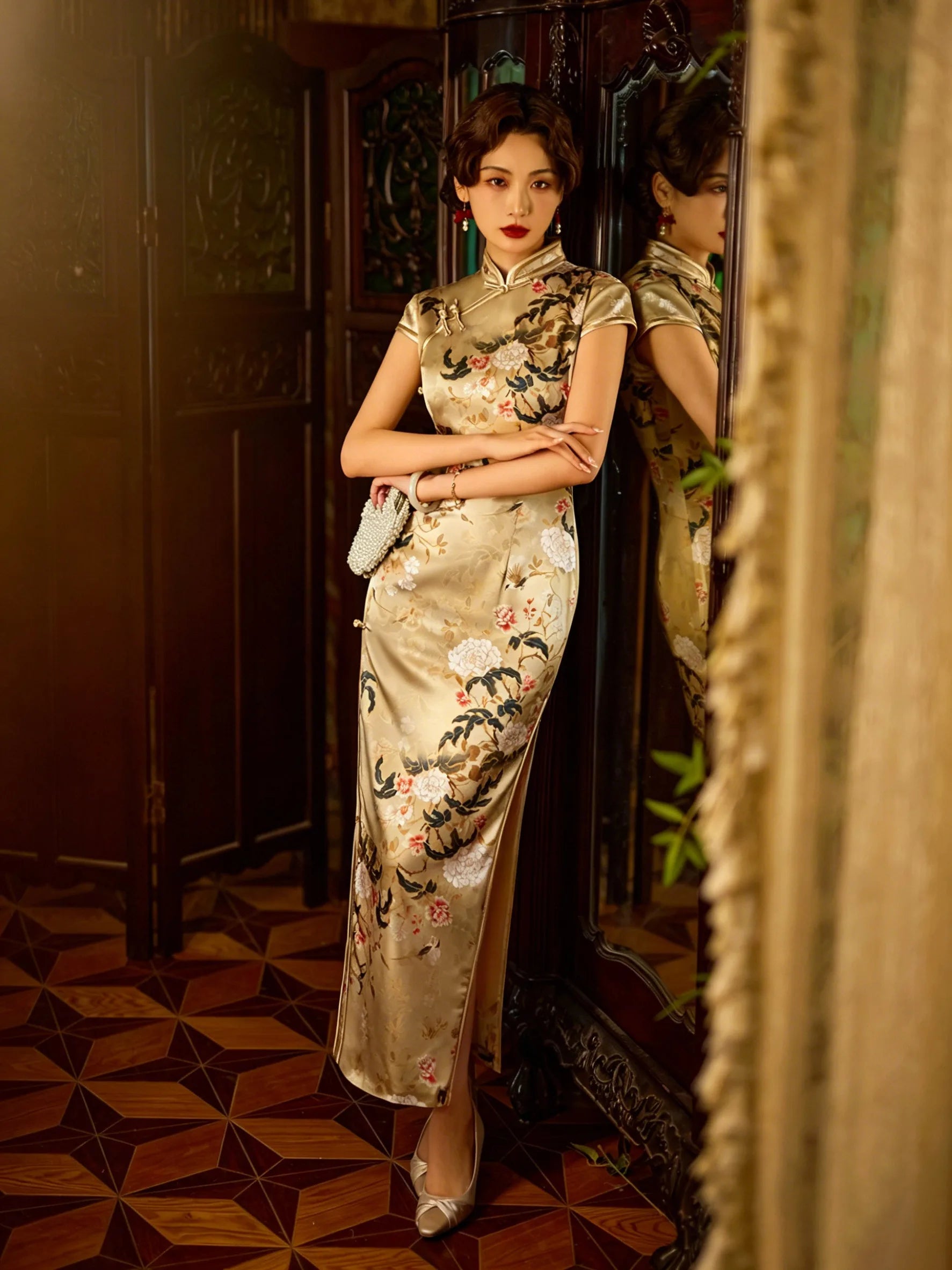 Silk Qipao yellow silk cheongsam elegant formal dress for women banquet and celebration outfit