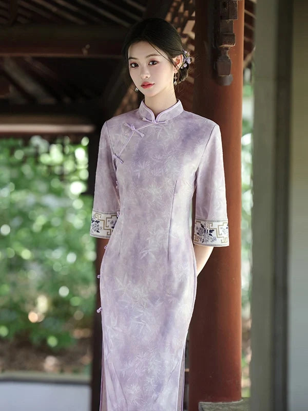 Soft Lavender Jacquard 3/4 Sleeve Qipao with Embroidered Cuffs