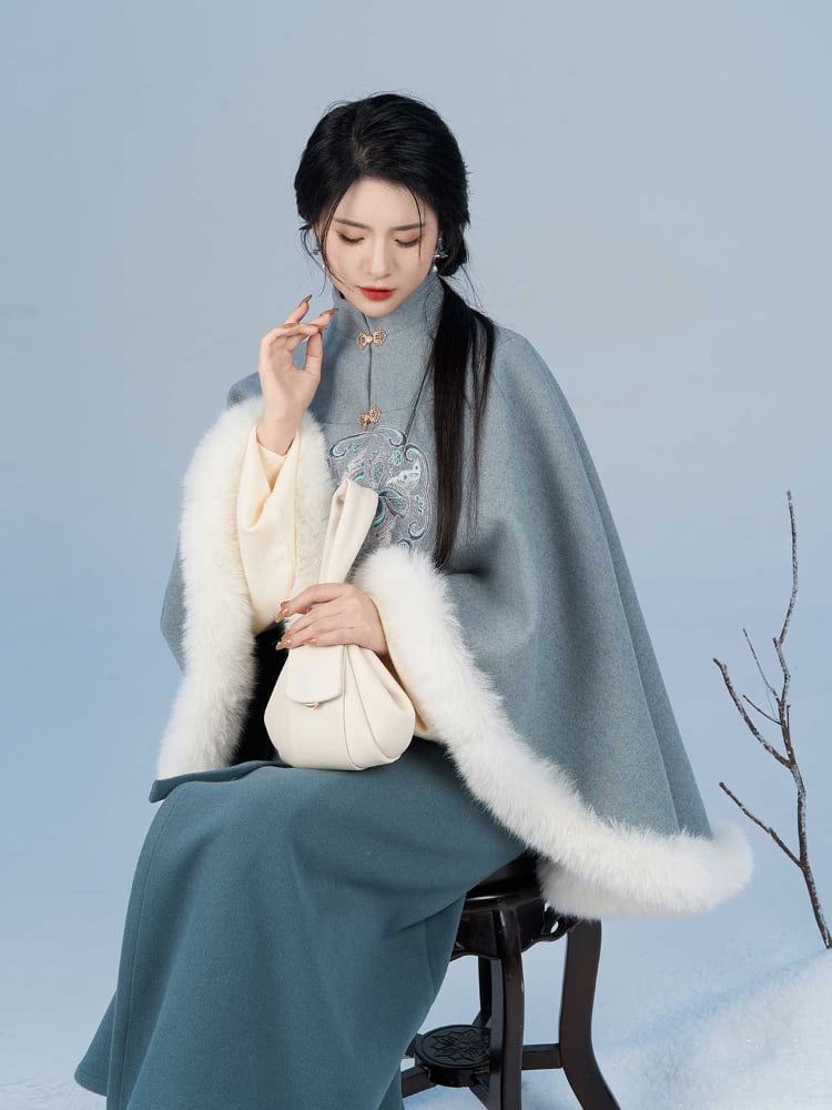 Winter Cape and Skirt 2-Piece Set with Butterfly Embroidery