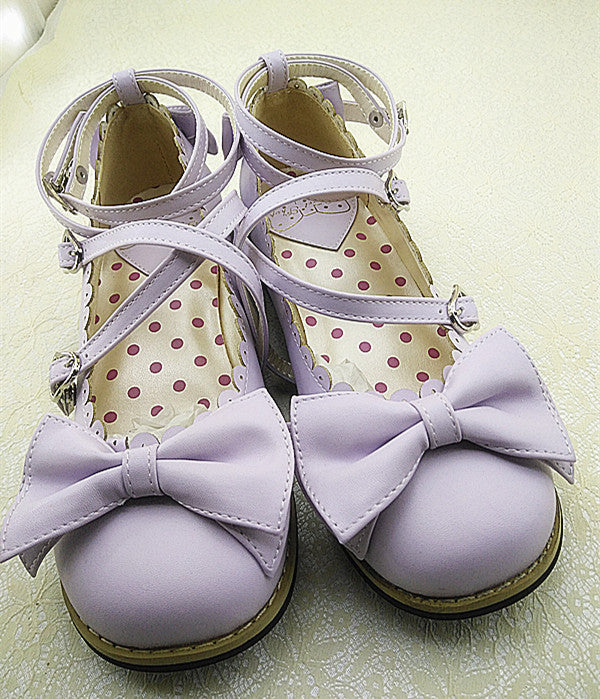 Lovely Lolita Low Heel Cross Strap Bow Tie Princess Shoes