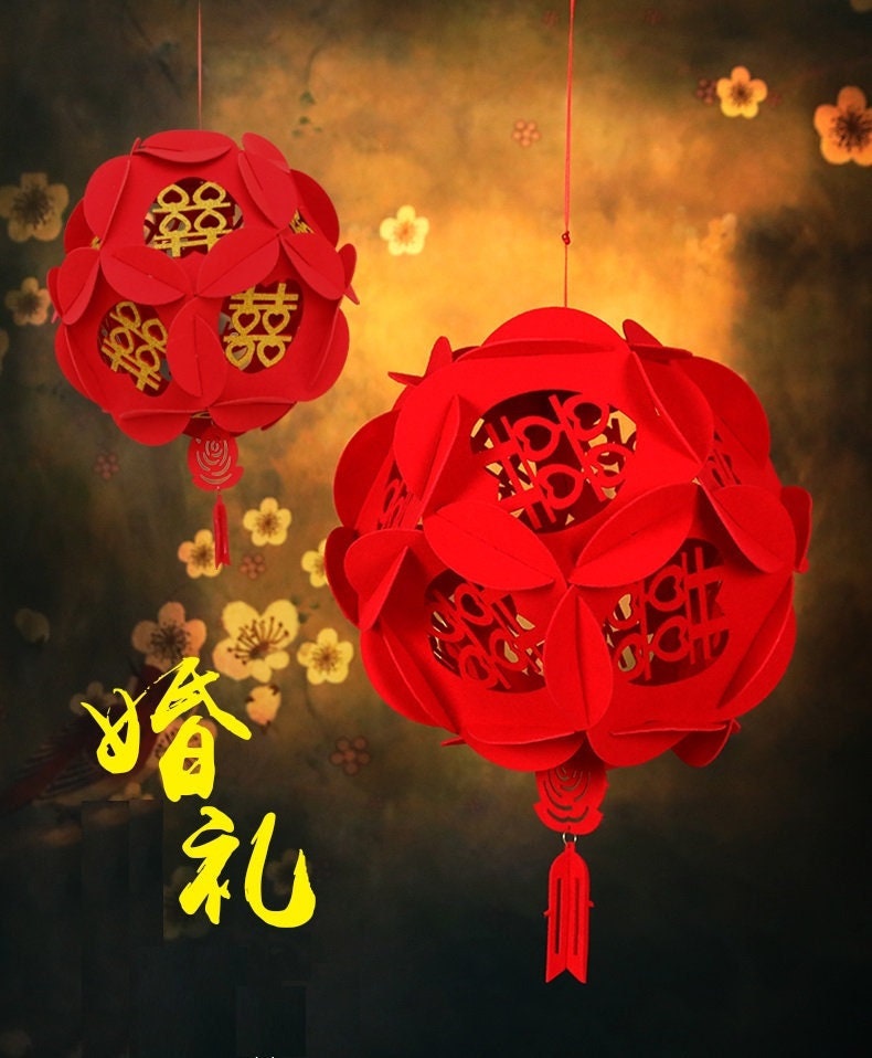 Traditional Chinese Double Happiness Red 3D Wedding Lantern Sphere