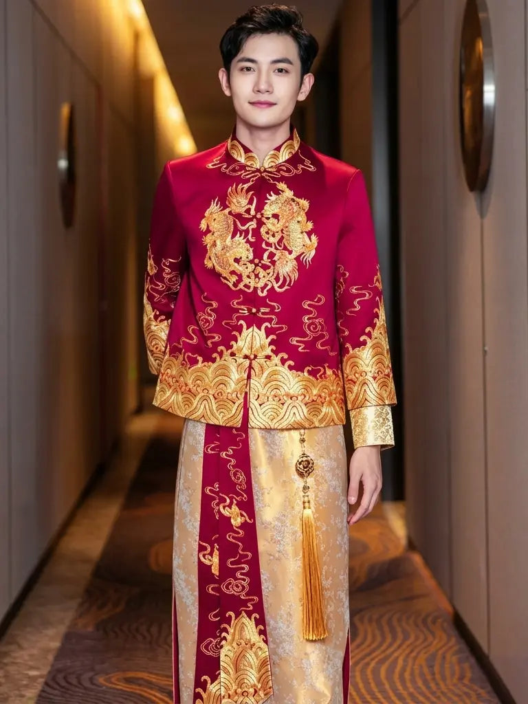 Traditional Red & Gold Chinese Wedding Twin Dragon Tang Suit (Ma Gua)