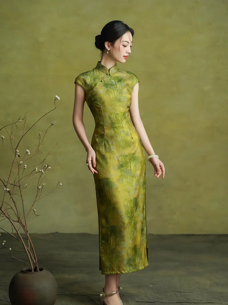 Vintage Green Bamboo Forest Cap Sleeve Qipao Dress