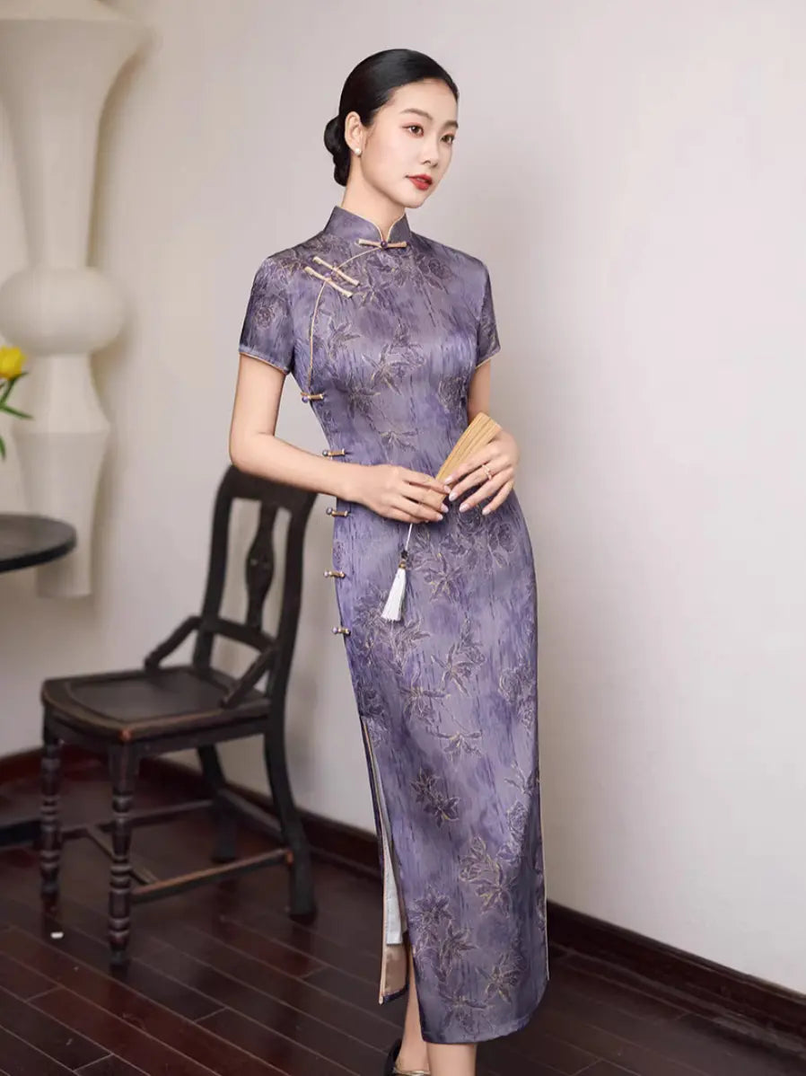 Vintage Lavender Long Qipao With Golden Flowers