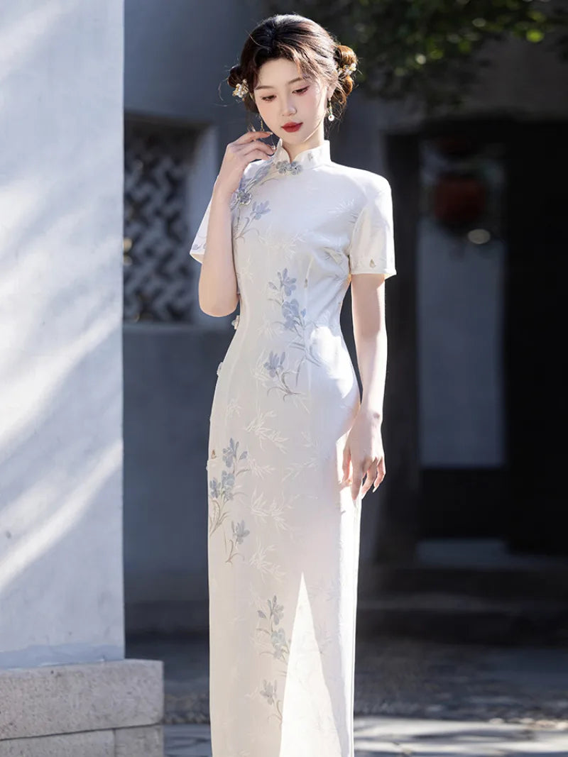 White Qipao Dress with modern Chinese style, stand collar and elegant slim silhouette