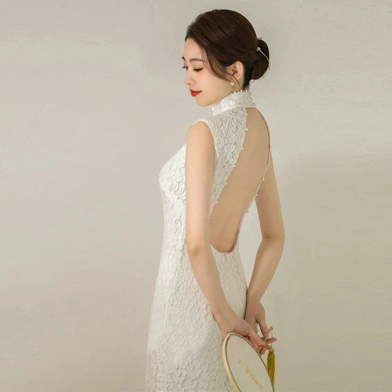 White Open Back Lace Cheongsam Qipao Dress| Charm