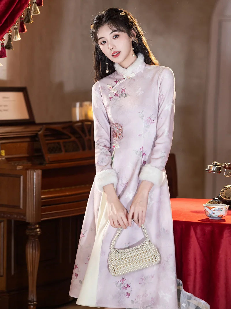Winter Cheongsam in soft pink with thickened fabric, long sleeves and classic Chinese inspired design for petite women