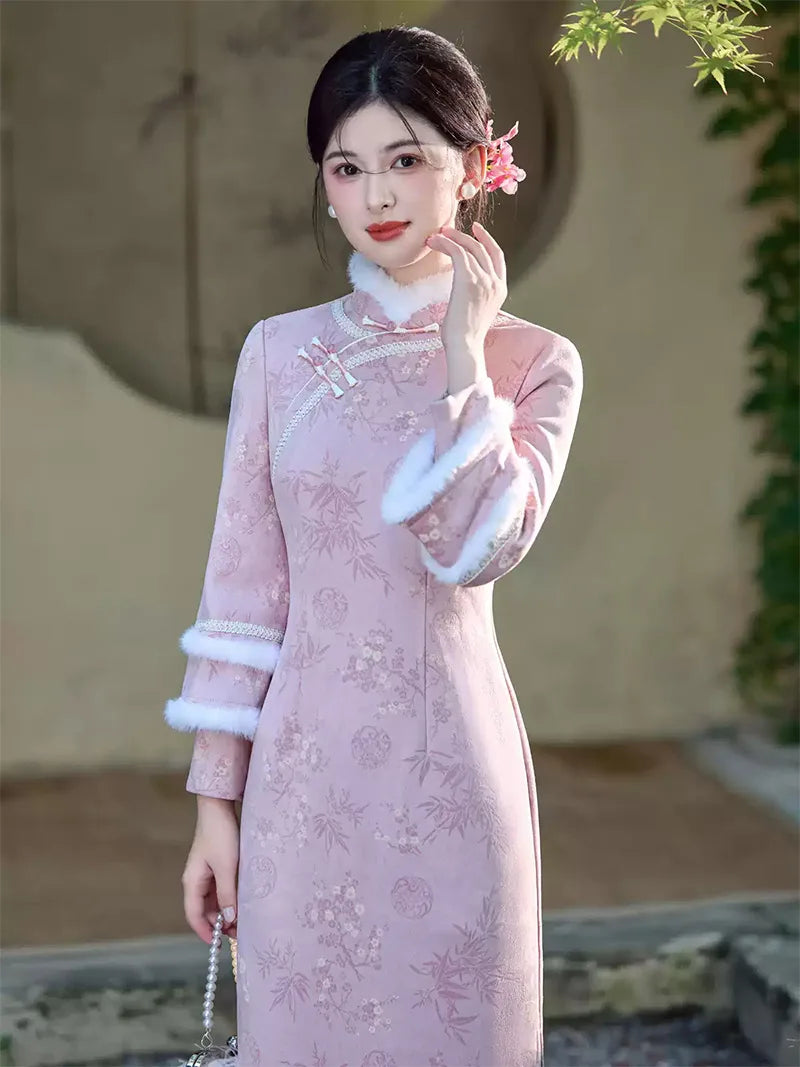 Winter retro Chinese style cheongsam in blush pink with plush trim and bamboo texture