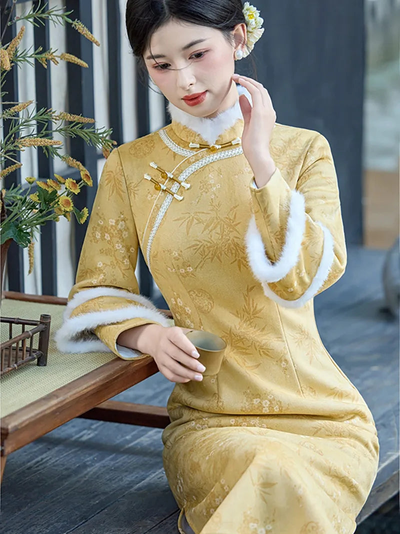 Winter retro Chinese style cheongsam in blush pink with plush trim and bamboo texture