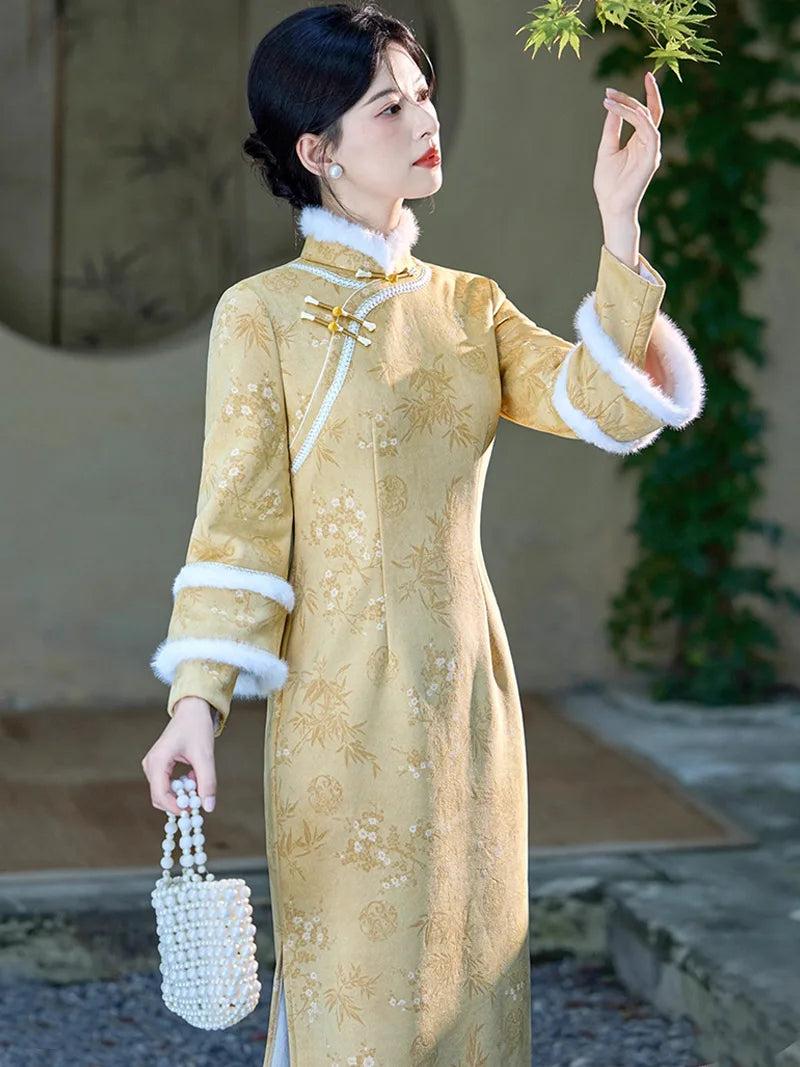 Winter retro Chinese style cheongsam in blush pink with plush trim and bamboo texture