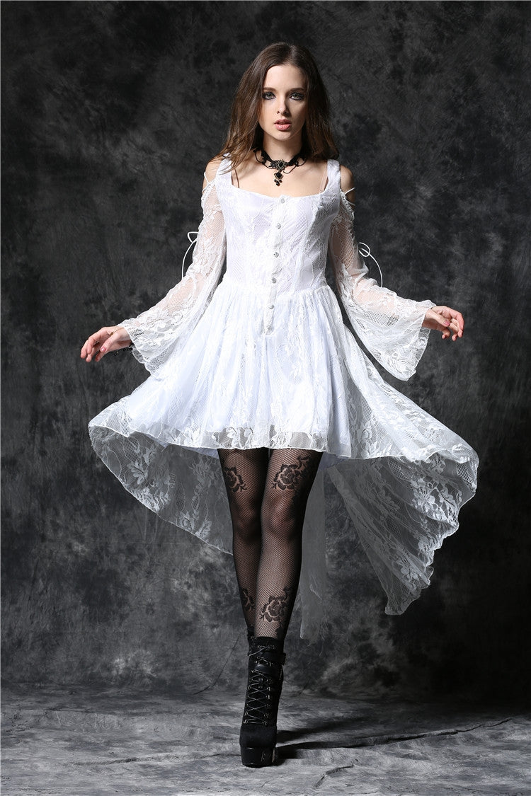 White Square Collar Sleeveless Overlay Embroidered Lace Women's Gothic Dress
