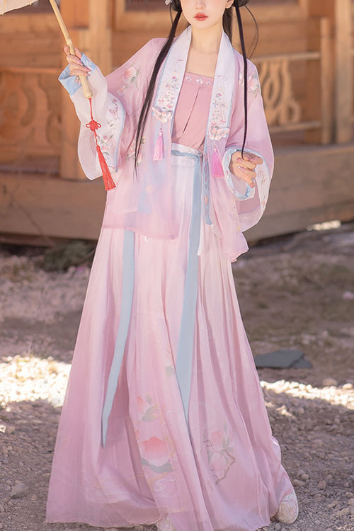 Pink Chinese Song Dynasty Ancient Naughty Cat Embroidery Four Piece Sweet Hanfu Dress