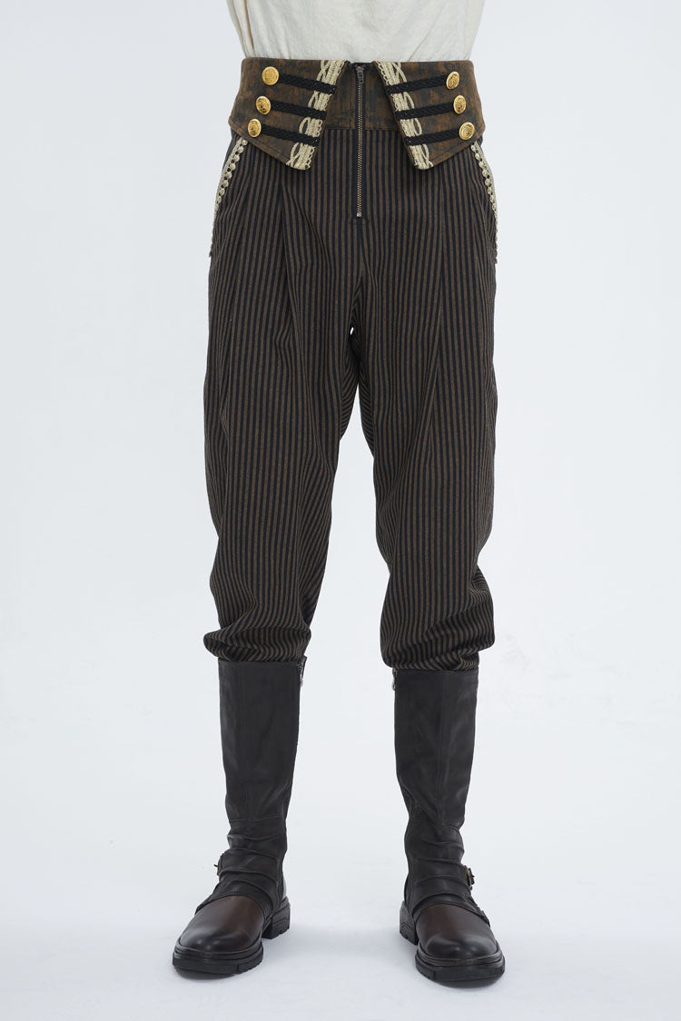 Brown High Waisted Striped Lace-Up Men's Gothic Pants