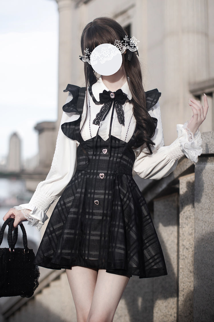 Black Plaid Print Classic College Style Elegant Lolita Strap Short Dress