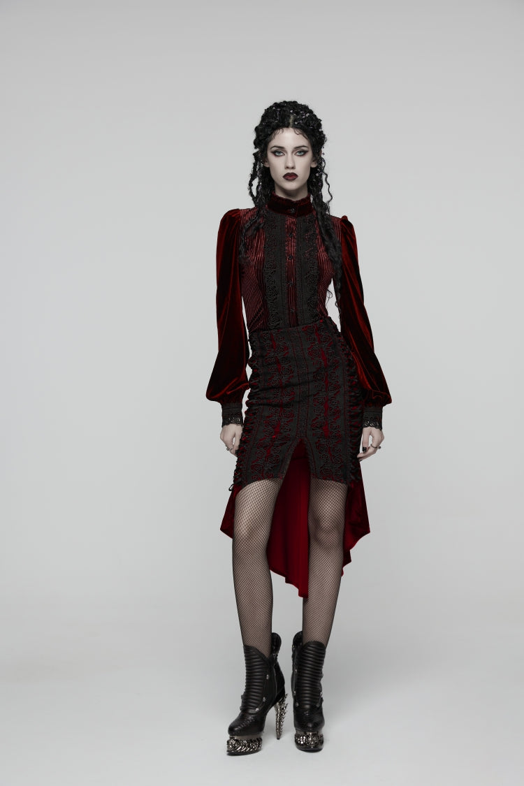 Red Embroidered Floral Embroidered Irregular Women's Gothic Fishtail Skirt