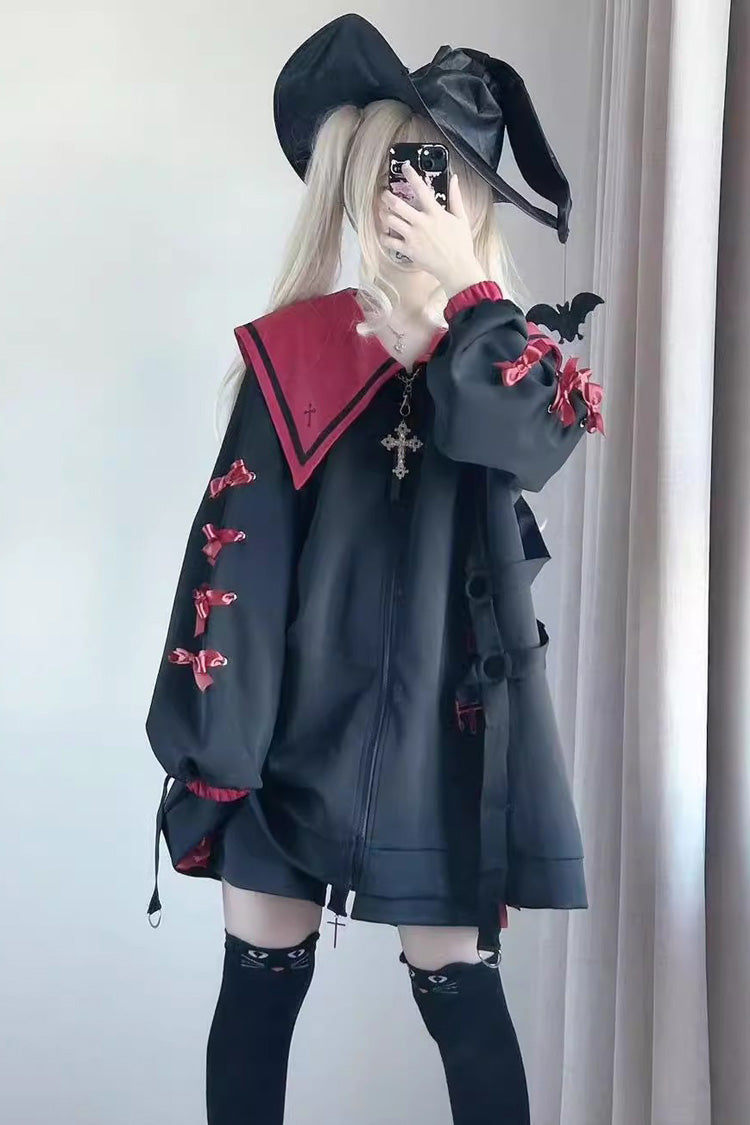 Sailor Collar Long Sleeves Cross Print Bowknot Sweet Jirai Kei Coat 3 Colors