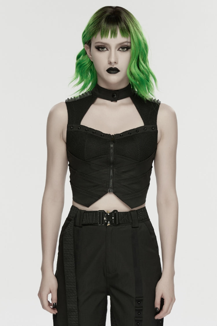 Black Sleeveless Cut-Out Studded Mechanical Women's Punk Tank Top