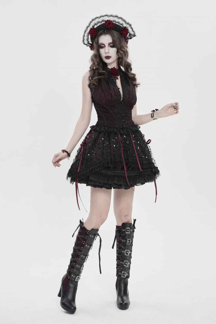 Black/Red Multi-Layered Lace Lace-Up Women's Gothic Skirt