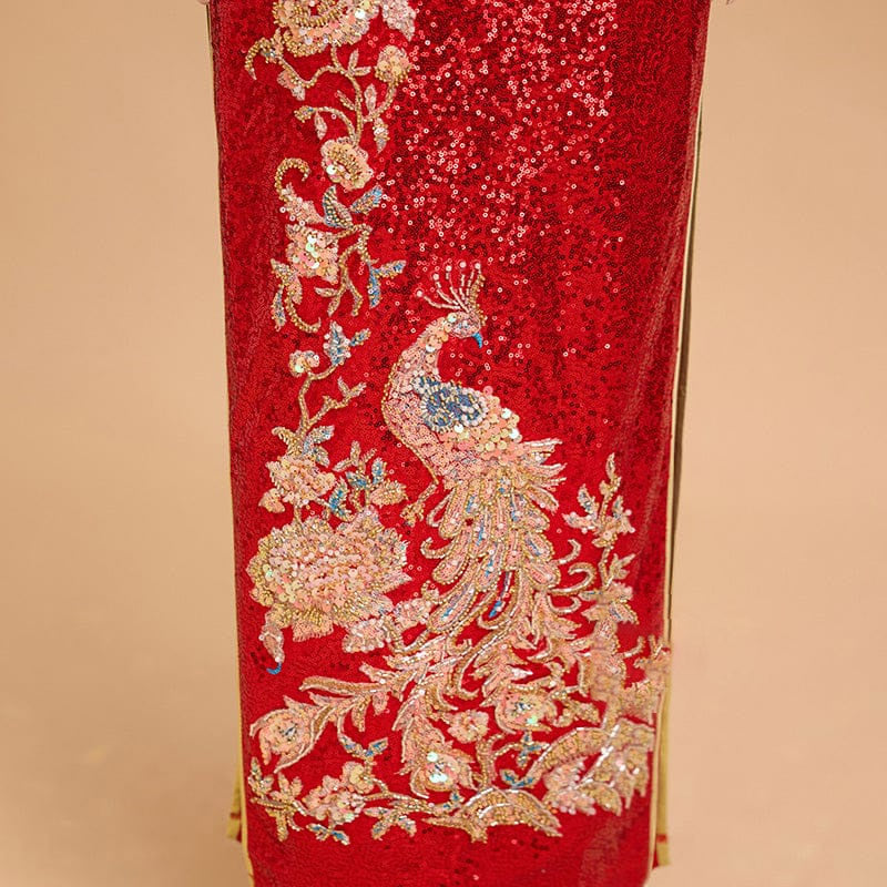 Aslin Hanfu Qipao Exclusive designer collection, Peacock embroidery, red sequins long Qipao
