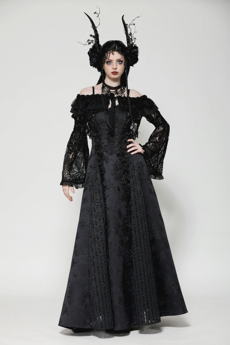 Black Ruffled Off Shoulder Long Bishop Sleeves Lace Women's Gothic Cape