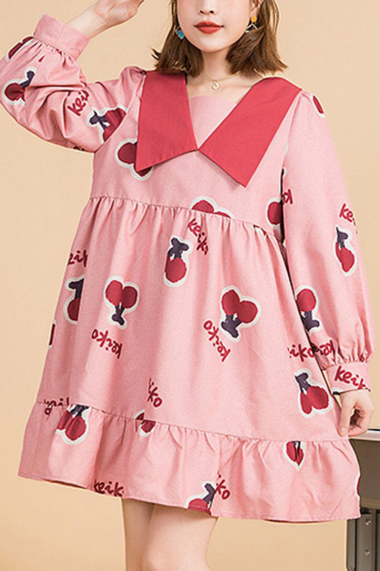 Pink Lapel Collar Long Sleeved Cherry Print Stitching Bowknot Ruffled Slimming Sweet Lolita Dress