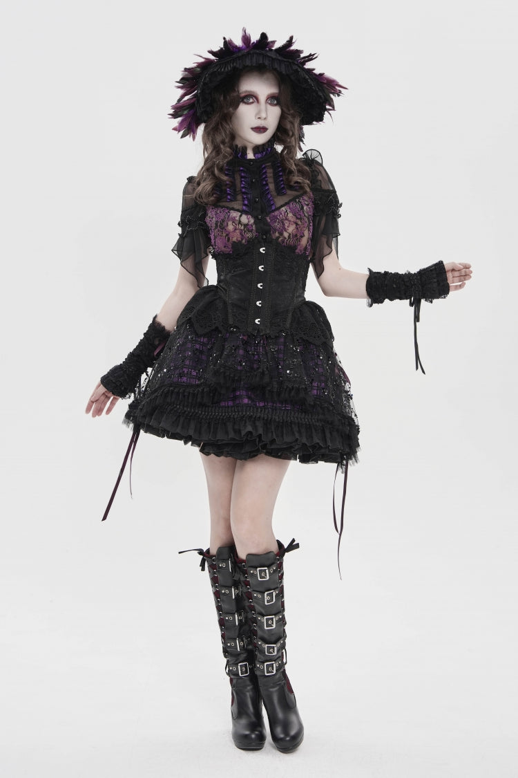 Black/Purple Multi-Layered Lace Lace-Up Women's Gothic Skirt