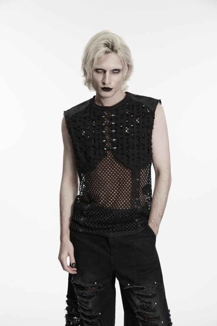Black Spliced Mesh Ripped Studded Eyelet Men's Punk Cool Vest