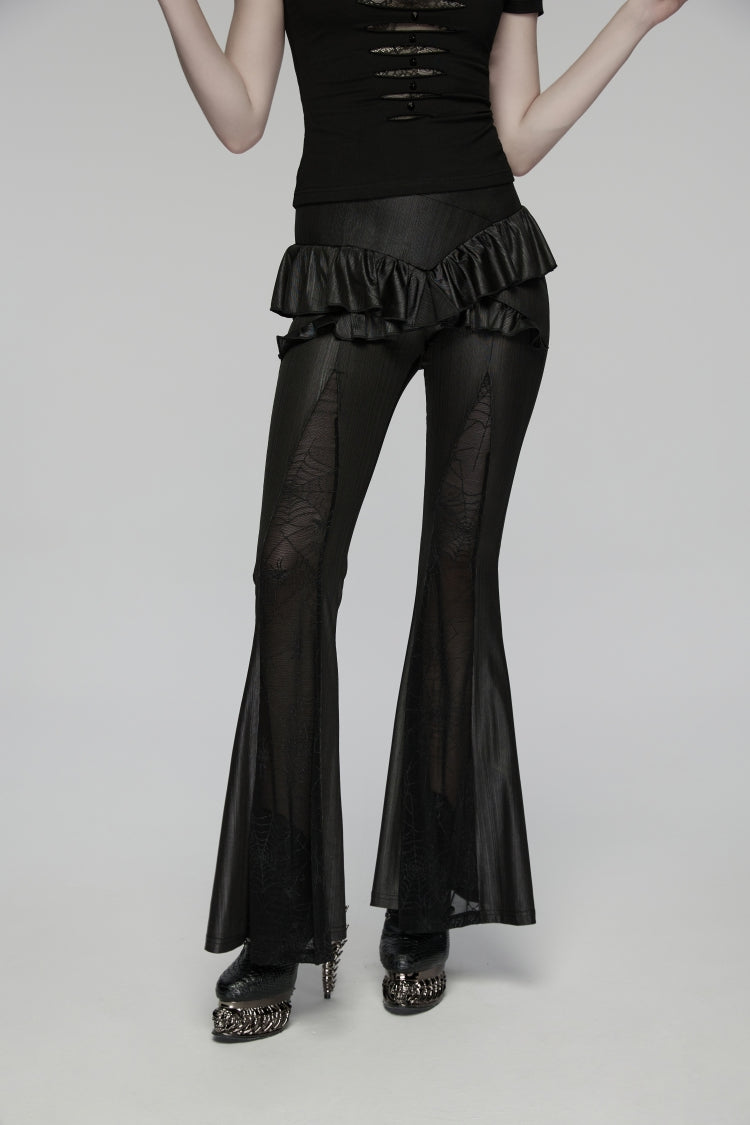 Black Ruffled Women's GothicRuffled Cobweb Pattern Flared Pants