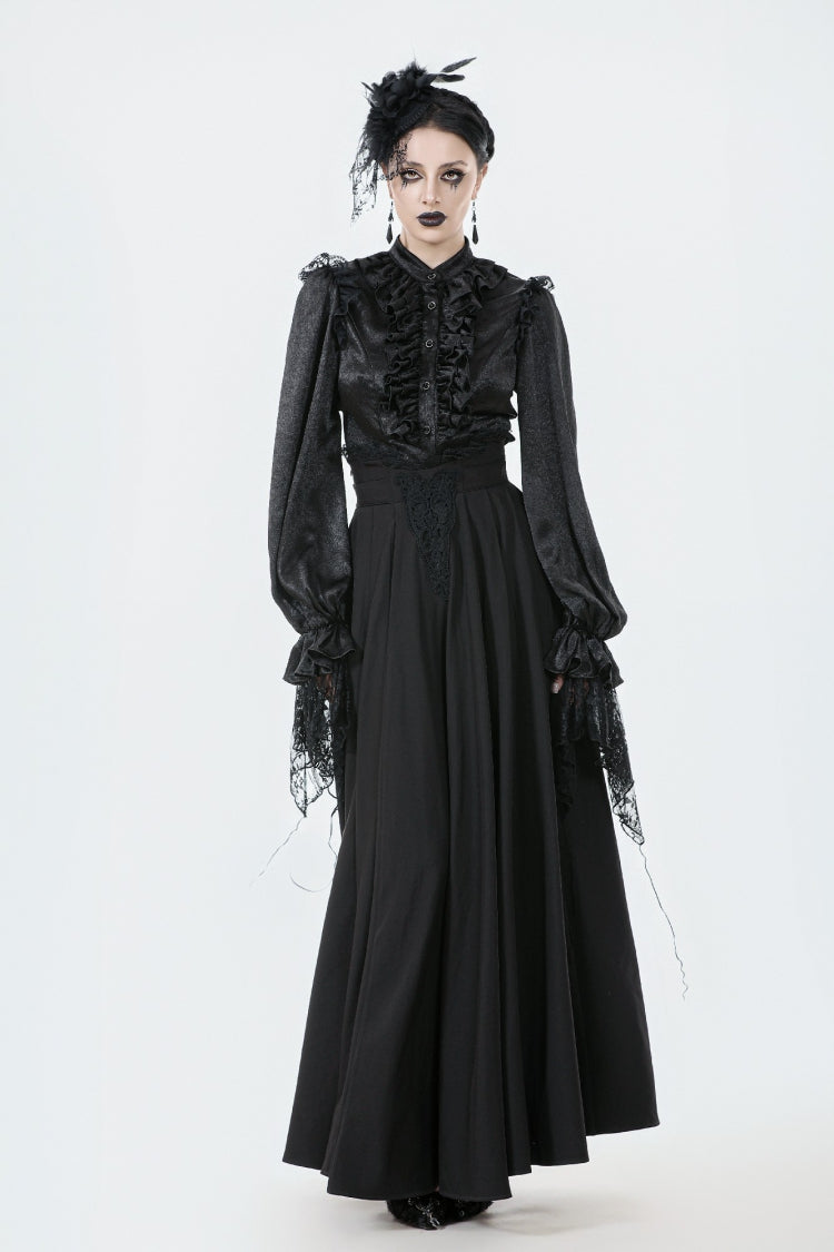 Black Embroidered Lace Trim Pleated Women's Gothic Maxi Skirt