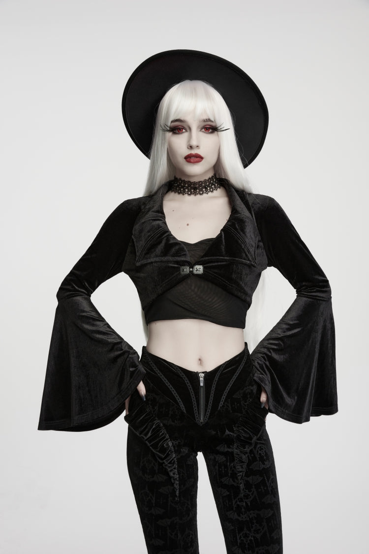 Black Women's Gothic Velvet Bat Wing Collar Flare Sleeve Short Jacket