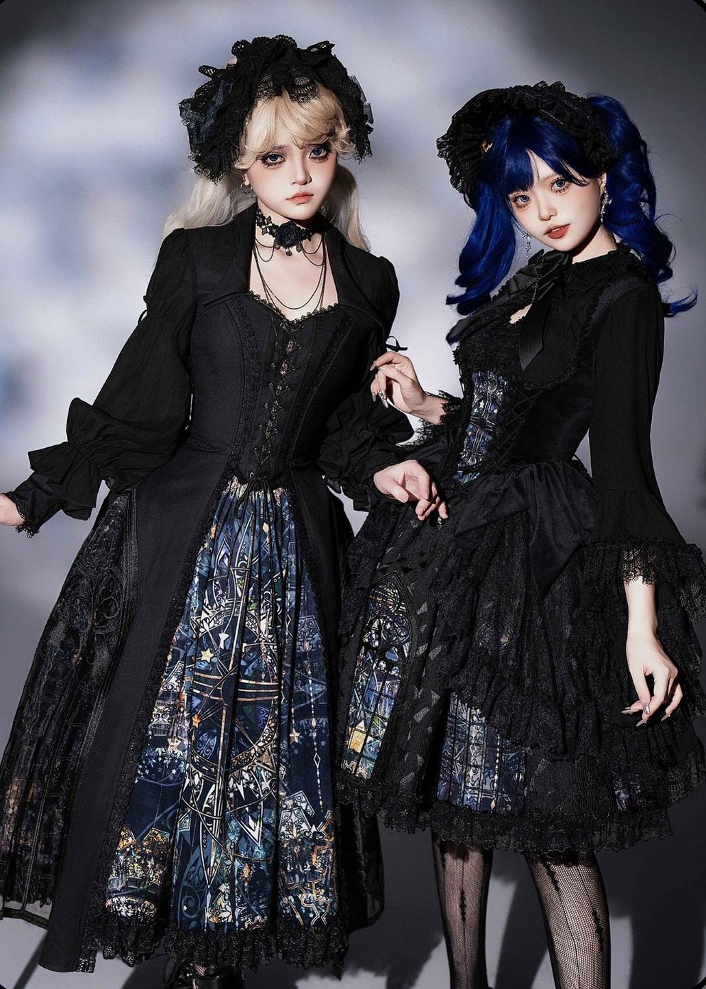 Night Traveler - Gothic Lolita Skirt Outfit Long Coat Shirt and Bustier Set