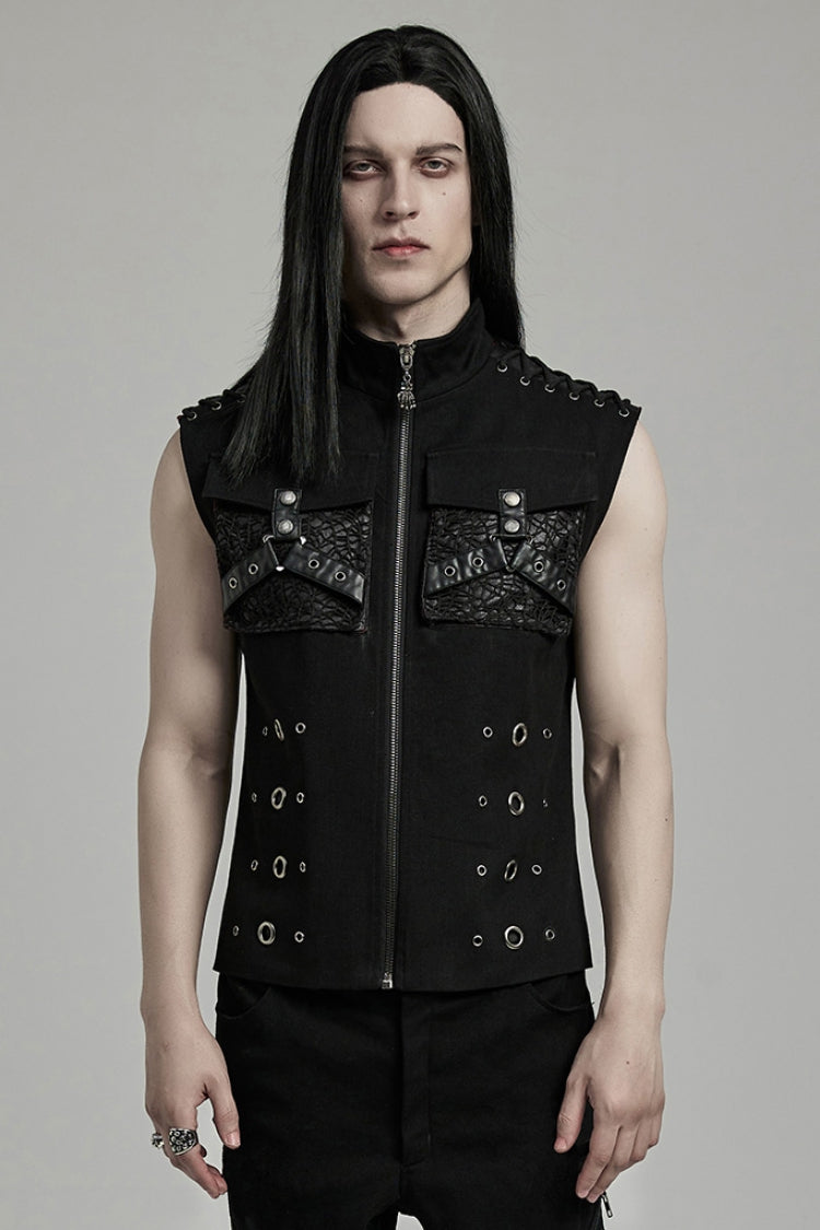 Black Stand Collar Stitching Slim Men's Punk Vest