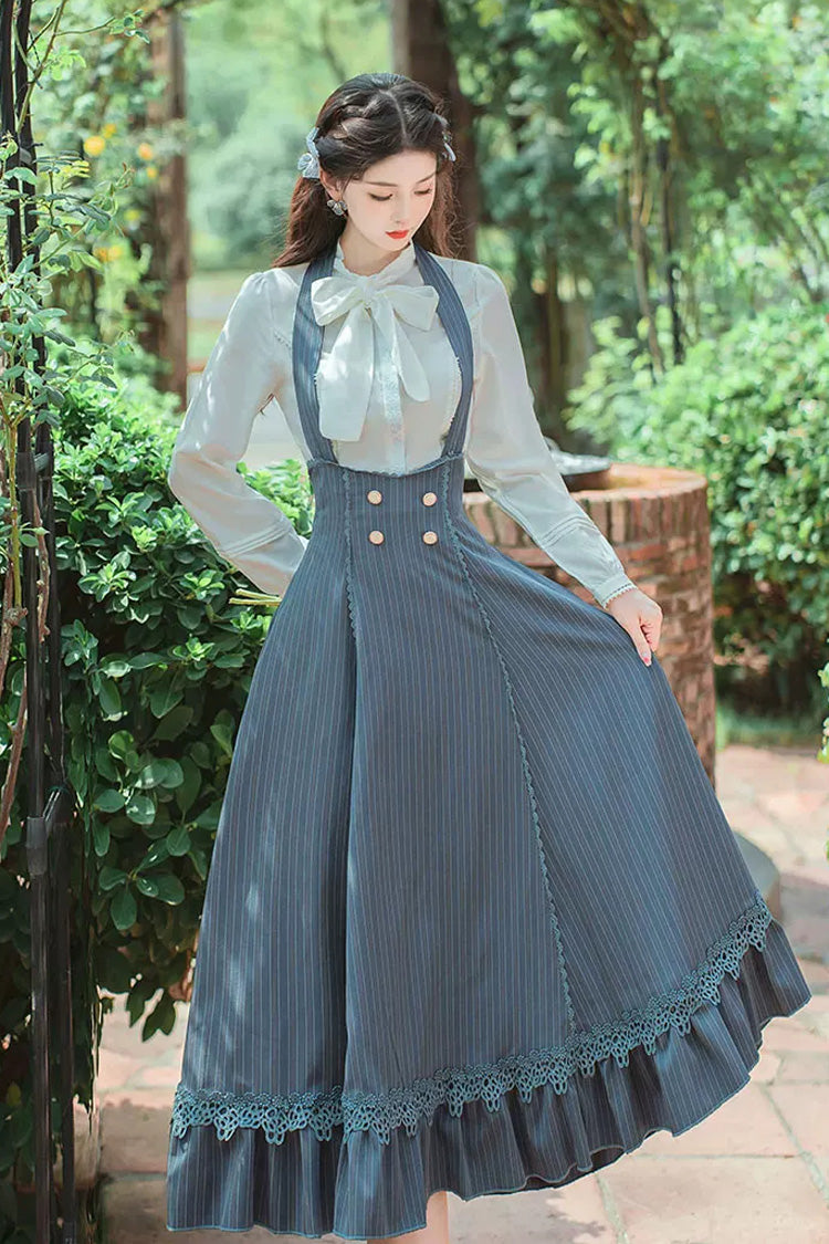 Blue Bustier Halterneck Long Sleeves Striped Printed Bow Lace Sweet Lolita Two-Piece Skirt Set