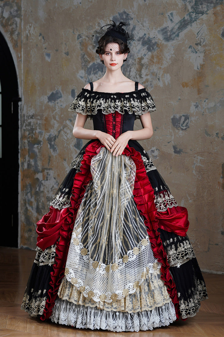 Black/Red Off Shoulder Short Sleeves Multi-Layered Ruffled Open-Front Mesh Gothic Vintage Palace Lolita Victorian Dress