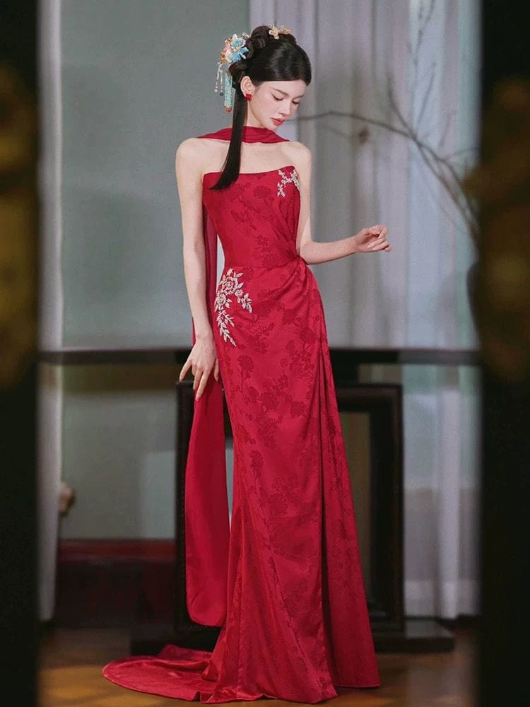 Customizble Floral Embroidery, Tube Top, Red Long Cheongsam