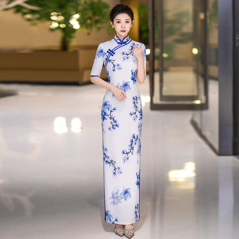 Blue and white plum blossom pattern, long Cheongsam