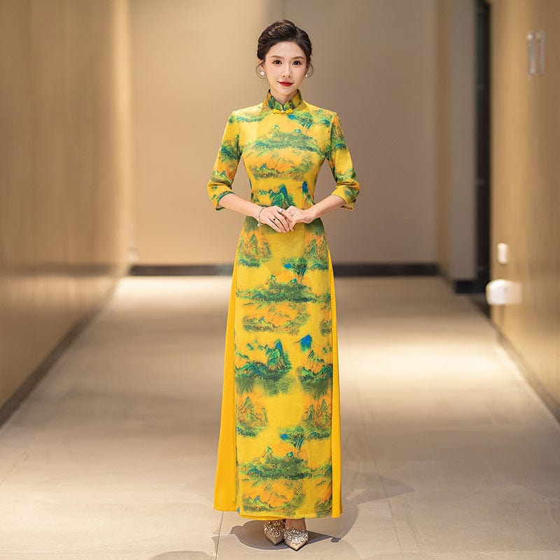 Suede fabric, plus size long Ao dai with elbow sleeves